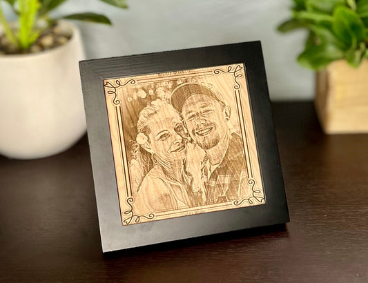 One of the most unique ways to preserve a favorite wedding photo is by having it laser-engraved on wood.