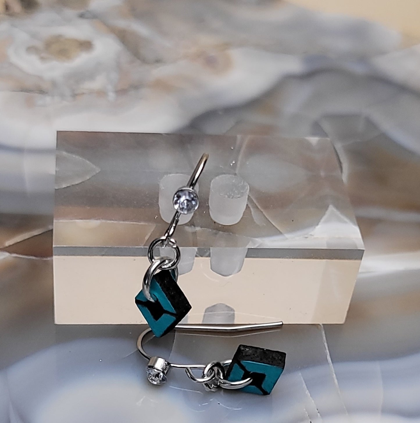Diamond-Shaped Wood Laser-Cut Earrings with Silver Hook and Small Jewel Accent