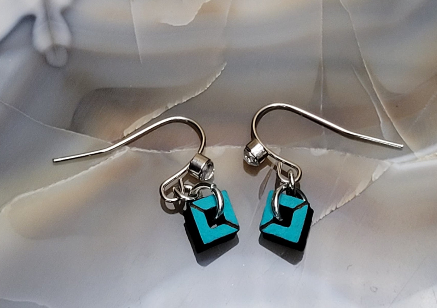 Diamond-Shaped Wood Laser-Cut Earrings with Silver Hook and Small Jewel Accent