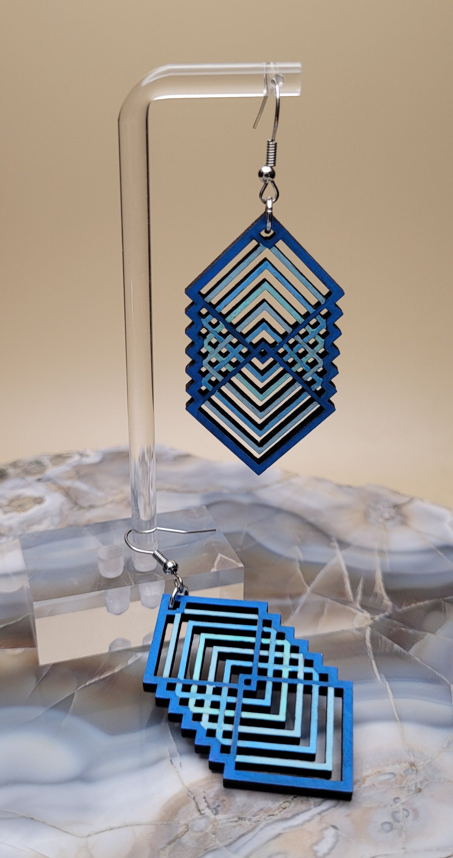 Silver Hanging Geometric-Shaped Earrings with Three Different Blues | Allergic-Friendly Nickel-Free Design
