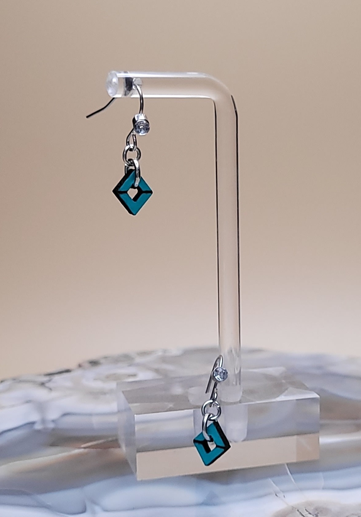 Diamond-Shaped Wood Laser-Cut Earrings with Silver Hook and Small Jewel Accent
