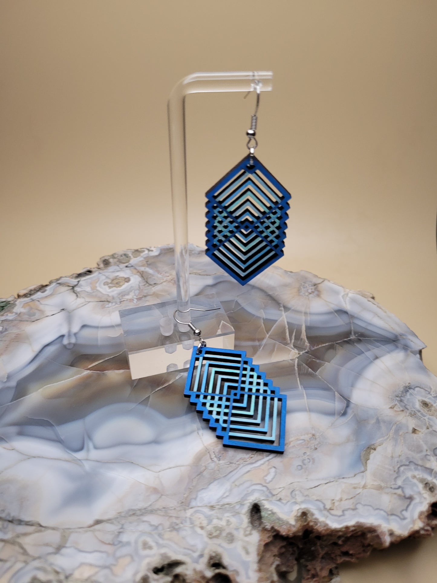Silver Hanging Geometric-Shaped Earrings with Three Different Blues | Allergic-Friendly Nickel-Free Design